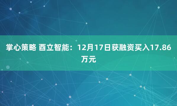 掌心策略 酉立智能：12月17日获融资买入17.86万元